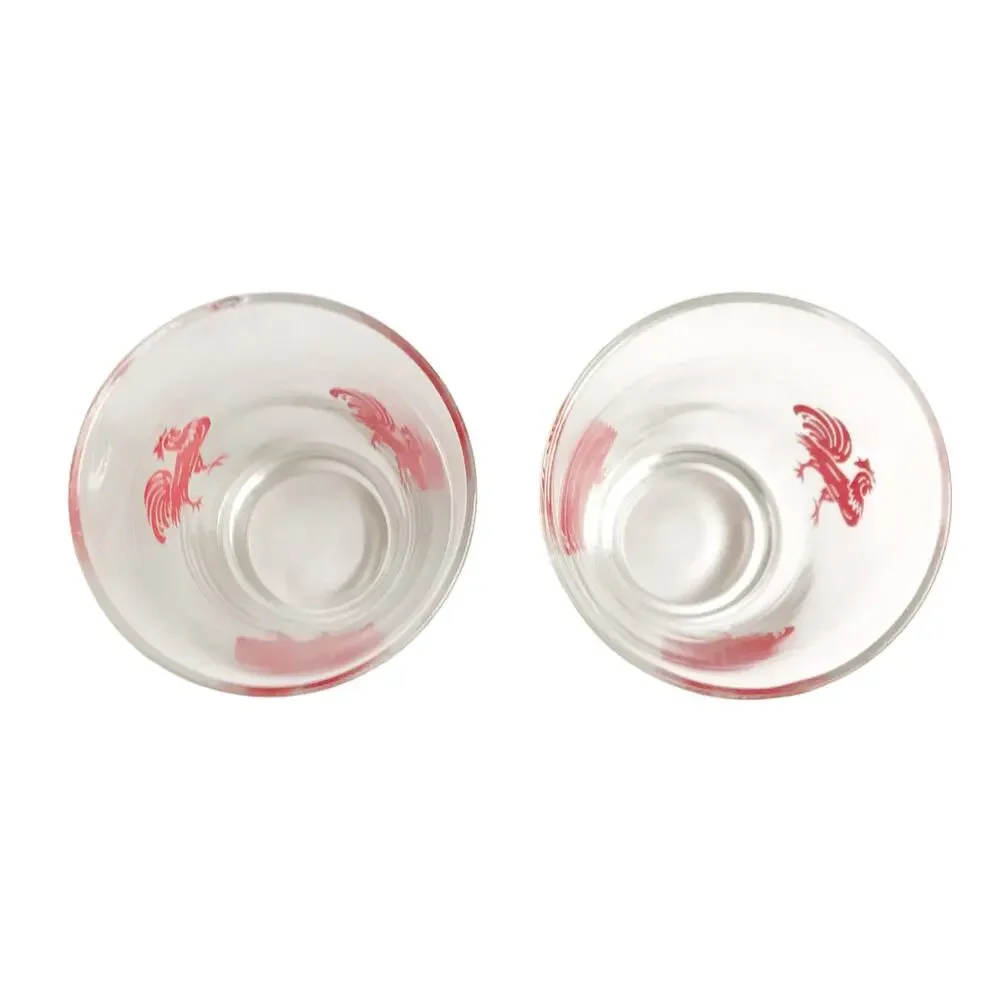 Vintage MCM Rooster Juice Glasses 2 Piece Set Red Clear Glass Drinkware Cups